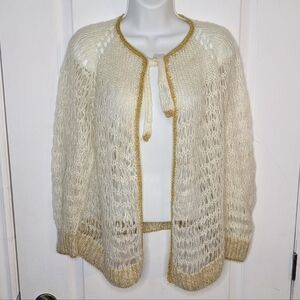 Vintage hand knit see through open front cardigan beige Small @A7